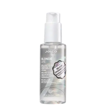 Frasco de óleo brilhante Joico Blonde Life, com embalagem branca e rótulo prateado, contendo 100 ml do produto. O rótulo destaca o "Brilho Instantâneo e Maciez" proporcionado pelo óleo.