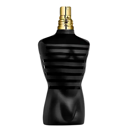 A imagem mostra o perfume Le Male Le Parfum Jean Paul Gaultier um frasco preto e dourado com design em formato inspirado no torso masculino icônico da maison