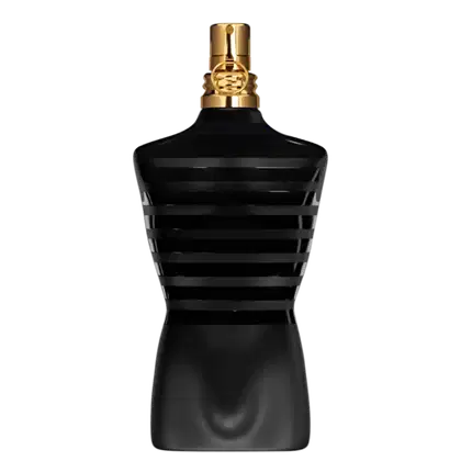 A imagem mostra o perfume Le Male Le Parfum Jean Paul Gaultier um frasco preto e dourado com design em formato inspirado no torso masculino icônico da maison