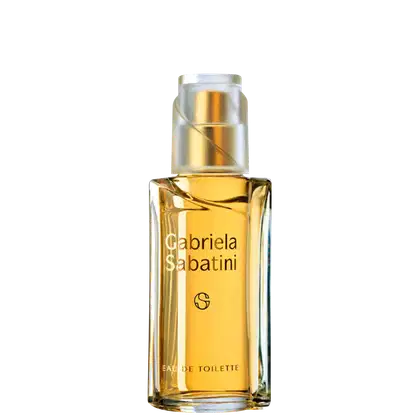 Frasco de perfume Gabriela Sabatini em formato retangular, com tampa dourada e rótulo amarelo com o nome da marca em destaque. O produto é uma Eau de Toilette, com a embalagem em vidro transparente que permite visualizar o líquido dourado no interior.