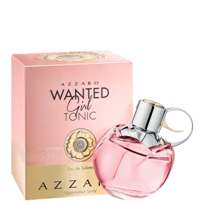 Frasco de perfume Azzaro Wanted Girl Tonic em embalagem rosa com detalhes dourados, contendo um líquido rosa. O rótulo apresenta o nome da fragrância em destaque.