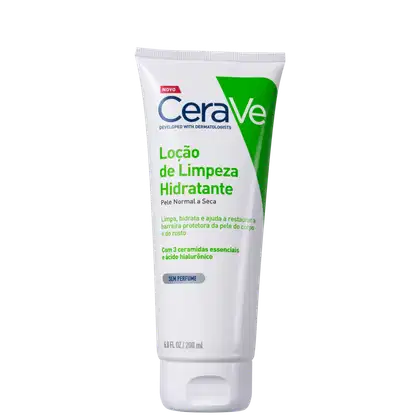 Tubo branco e verde da linha CeraVe, contendo 200 ml de Loção de Limpeza Hidratante para pele normal a seca. Apresenta rótulo com informações sobre os ingredientes e benefícios do produto.