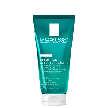 Tubo de gel de limpeza facial da marca La Roche-Posay, com embalagem verde e branca, rótulo com o nome da marca e informações sobre o produto "Effaclar Alta Tolerância".