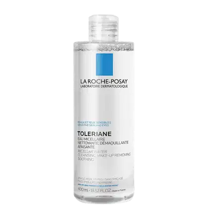 Frasco de 400 ml da linha Toleriane da La Roche-Posay, contendo água micelar para limpeza e remoção de maquiagem, com rótulo branco e azul.