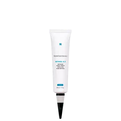 Tubo branco de 30 ml da linha SkinCeuticals, contendo o produto "Retinol 0.3", um creme noturno refinador com 0,3% de retinol puro, conforme indicado no rótulo.