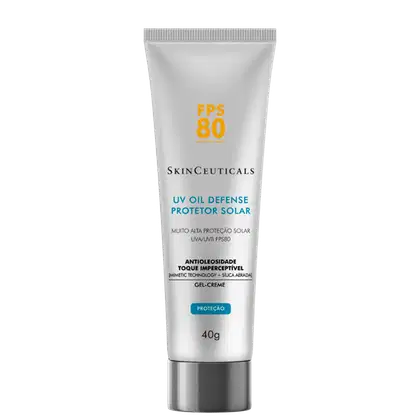 Tubo de gel-creme de proteção solar SkinCeuticals com FPS 80, embalagem branca e azul, com rótulo indicando "UV Oil Defense Protetor Solar" e "Antioleosidade toque imperceptível".