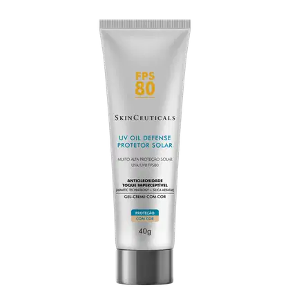 Tubo de protetor solar SkinCeuticals FPS 80 com tecnologia antimanchas, embalagem branca com detalhes em amarelo, informações sobre o produto e sua composição.
