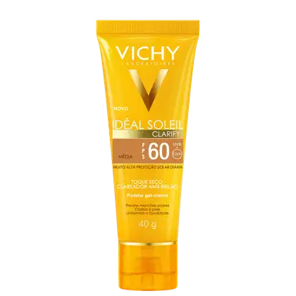 Tubo de protetor solar em gel-creme da linha Ideal Soleil da Vichy, com FPS 60 e embalagem amarela e preta. O produto promete proteção solar diária e uniformidade da pele.