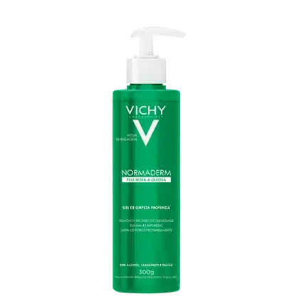 Frasco verde da linha Normaderm da Vichy, com bomba doseadora branca, contendo gel de limpeza profunda para pele mista a oleosa, sem álcool, parabenos e sabão.