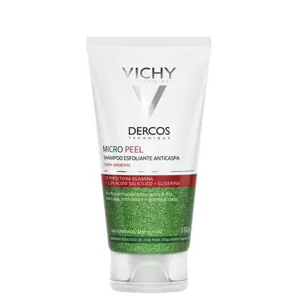 Frasco branco de shampoo esfoliante anticaspa da marca Vichy Dercos Technique, com rótulo em cinza e vermelho. 