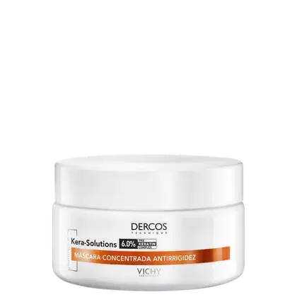Frasco branco de máscara concentrada antirrigidez da linha Kera-Solutions da Dercos, marca Vichy, com 6,0% de complexo de queratina.