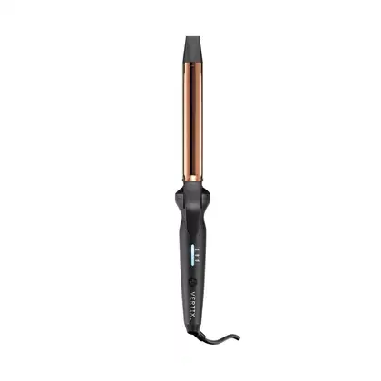 Modelador de cabelo Vertix com design moderno em preto e cobre, com controle de temperatura e indicador digital, ideal para criar penteados com precisão.