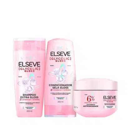 Kit Elseve L’Oréal Paris Glycolic Gloss Triple Essential, 3 produtos.