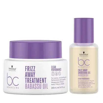 Schwarzkopf Professional BC Bonacure Frizz Away Smoothing Oil e Frizz Away Treatment Babassu Oil, em embalagens de plástico roxo com rótulos brancos e detalhes em roxo, para tratamento do frizz.