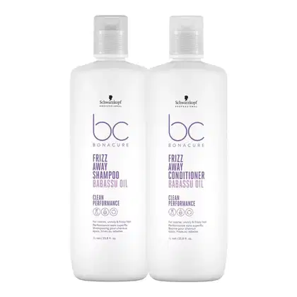 Dois frascos brancos da linha Bonacure da Schwarzkopf Professional, contendo shampoo e condicionador Frizz Away com óleo de babassu, para cabelos rebeldes e com frizz.