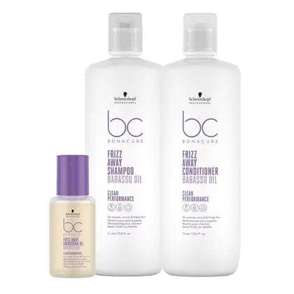 Schwarzkopf Professional BC Bonacure Frizz Away Shampoo, Conditioner e Smoothing Oil em embalagens brancas e roxas. Produtos para cabelos rebeldes e com frizz, com óleos de babassu.
