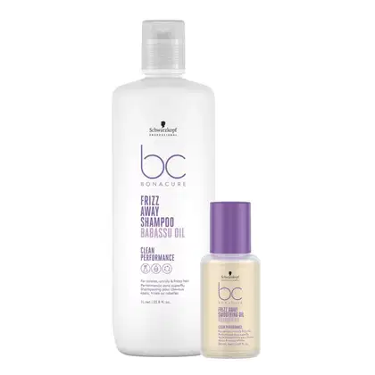Schwarzkopf Professional Bonacure Frizz Away Shampoo e Óleo Alisante Babassu, em embalagens brancas e roxas, com rótulos indicando os produtos e suas propriedades de controle de frizz e desempenho limpo.