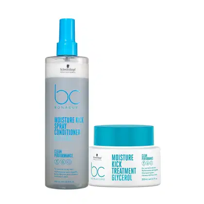 Dois produtos de cuidados com os cabelos da marca Schwarzkopf Professional: frasco spray azul claro de condicionador e pote azul turquesa de tratamento capilar, ambos da linha Bonacure.
