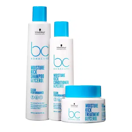 Produtos da linha Bonacure da Schwarzkopf Professional, incluindo shampoo, condicionador e tratamento para cabelos com glicerol, em embalagens brancas e azuis com o logo da marca.