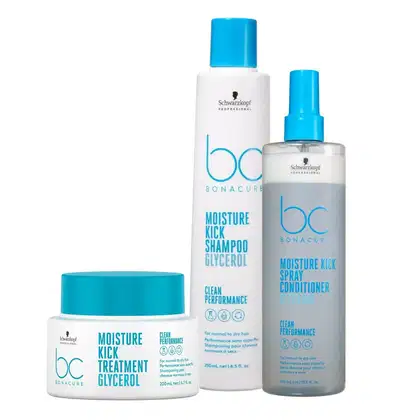 Produtos de cuidados capilares da linha Bonacure da Schwarzkopf Professional, incluindo shampoo, condicionador e tratamento capilar em embalagens brancas e azuis com rótulos indicando os benefícios de hidratação e limpeza.