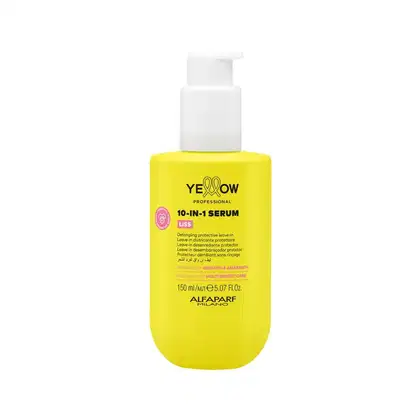 Frasco amarelo de 150 ml do sérum 10-em-1 da linha Yellow Professional, com rótulo destacando os benefícios do produto para os cabelos.