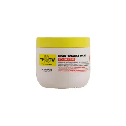 Máscara de manutenção da cor Yellow Professional, em embalagem branca e amarela, com rótulo indicando "Color Care" e "Powered by Color-Lock & Pro-Shine".