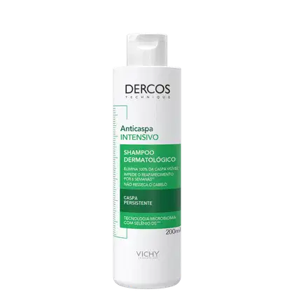 Frasco branco com rótulo verde da marca Dercos Shampoo Anticaspa Intensivo de 200ml, com tecnologia microbioma e selênio DS para caspa persistente.