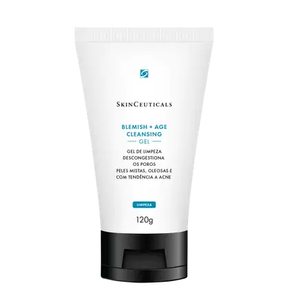 Tubo branco com rótulo da marca SkinCeuticals contendo o produto "Blemish + Age Cleansing Gel", um gel de limpeza para peles mistas, oleosas e com tendência a acne, com 120g de volume.
