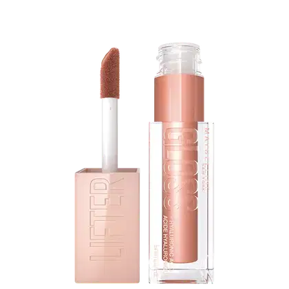 Produto de maquiagem Maybelline Lifter Gloss, com embalagem em tons de rosa e branco, contendo um aplicador de esponja e um frasco com líquido rosa claro.