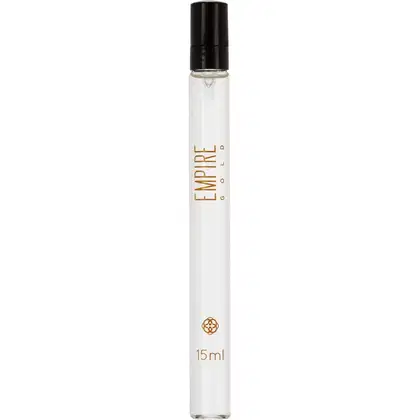 Frasco de perfume Empire Gold da Hinode, com 15 ml de capacidade, em embalagem cilíndrica de vidro transparente e tampa preta. Rótulo com o nome da marca em letras douradas.