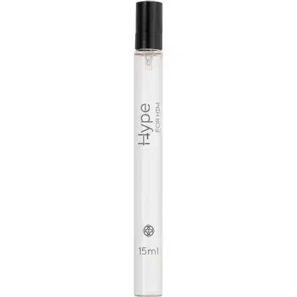 Frasco de perfume Hype for him, com 15ml de capacidade, embalagem preta e branca, com rótulo destacando o nome da fragrância.