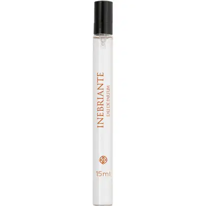 Frasco de perfume Inebriante com 15ml de volume, embalagem em vidro transparente com tampa preta e rótulo com o nome da marca em laranja.