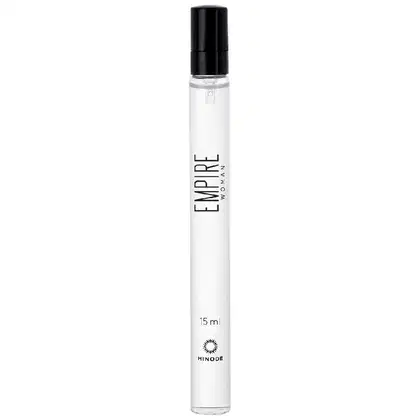 Frasco de perfume da marca Hinode, com design minimalista em tons de preto e branco. Rótulo com o nome "Empire" em destaque. Embalagem cilíndrica com tampa preta, contendo 15 ml de produto.