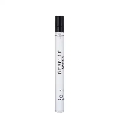 Frasco de perfume Rebelle da Hinode, com 15 ml de capacidade, em embalagem branca e preta com o nome do produto destacado.