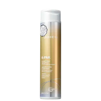 Frasco de shampoo clarificante da marca Joico, com embalagem branca e dourada, contendo 300 ml do produto. O rótulo indica que o shampoo é da linha K-PAK, destinado a remover cloro e construir a estrutura capilar.