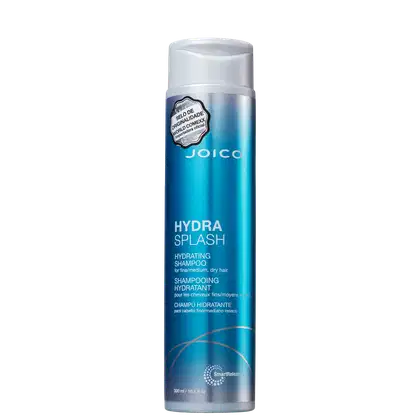 Frasco de shampoo hidratante Joico Hydra Splash, com embalagem azul e branca, contendo 300 ml do produto. O rótulo destaca o nome da linha "Hydra Splash" e menciona que o shampoo é indicado para cabelos finos/médios e secos.