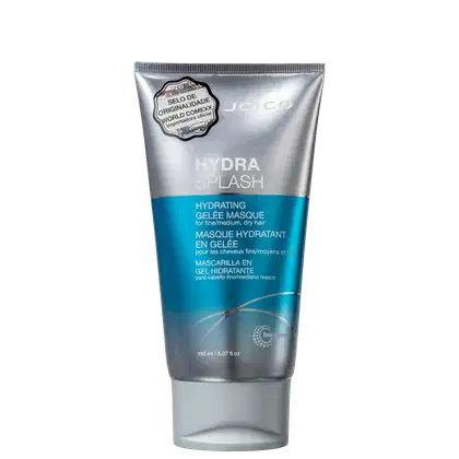 Tubo de máscara hidratante em gel da linha Hydra Splash da Joico, com rótulo prata e azul, contendo 150 ml do produto para cabelos finos/médios e secos.