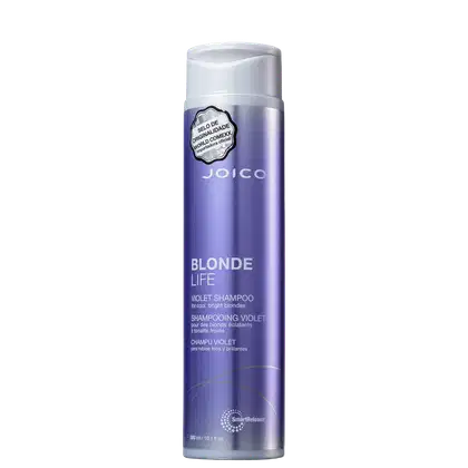 Frasco de shampoo Joico Blonde Life, com embalagem roxa e branca, contendo texto "Shampoo Violet" para cabelos loiros e brilhantes.
