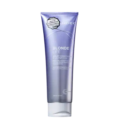 Frasco de condicionador violeta da linha Blonde Life da Joico, para cabelos loiros. Embalagem de plástico lilás com rótulo destacando o nome do produto e sua função de revitalizar e tonalizar fios loiros.