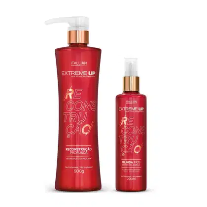 Dois produtos da marca Itallian Hairtech: um frasco de 500g de "Extreme Up" para reconstrução profunda dos cabelos e um frasco de 200ml de "Blinda Fios" para proteção dos fios, ambos em embalagens vermelhas com detalhes dourados.