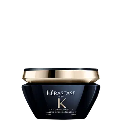 Frasco preto e dourado da linha Chronologiste da Kérastase, contendo 200 ml de máscara intensa regenerante. O rótulo em destaque apresenta o nome da marca e do produto.