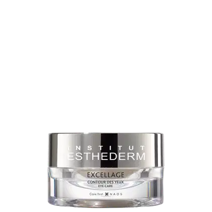 Frasco de creme para o contorno dos olhos da marca Esthederm, com embalagem de vidro transparente e rótulo em preto e branco com o nome "Excellage Contour des Yeux".