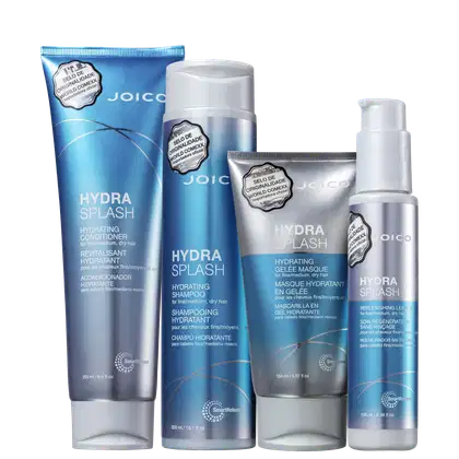 Produtos da linha Hydra Splash da Joico, incluindo condicionador hidratante, shampoo, máscara e leave-in, em embalagens de plástico branco e azul com rótulos destacados.