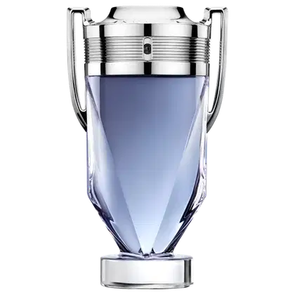 Frasco de perfume Invictus, da marca Paco Rabanne, com design elegante e moderno em tons de azul e prata, com detalhes metálicos na tampa.