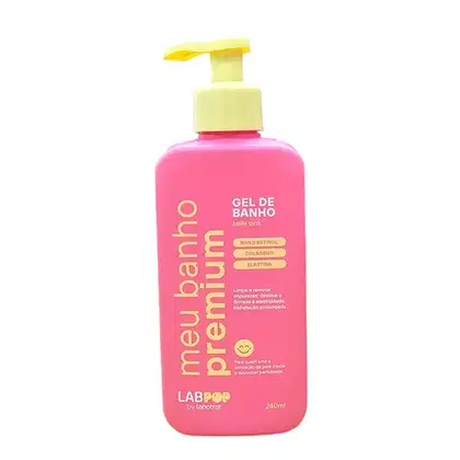 Gel de banho Labotrat Belle Pink com 240ml, embalagem rosa com rótulo destacando ingredientes como nano retinol, colágeno e elastina, além de informações sobre limpeza, remoção de impurezas e hidratação prolongada.