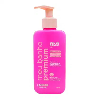 Gel de banho rosa vibrante da marca Labotrat, com bomba dosadora, contendo informações sobre ingredientes e benefícios na embalagem.