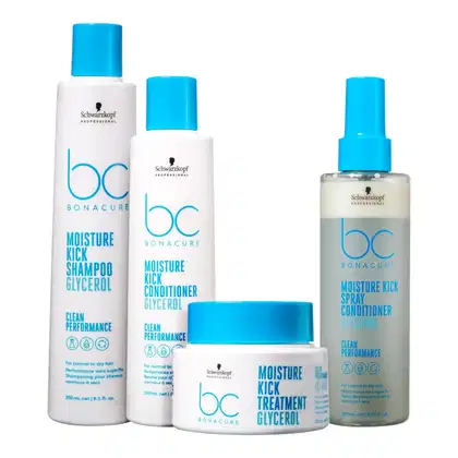 Conjunto de produtos para cabelos da linha Bonacure da Schwarzkopf Professional, incluindo shampoo, condicionador, tratamento e spray condicionador em embalagens brancas e azuis.