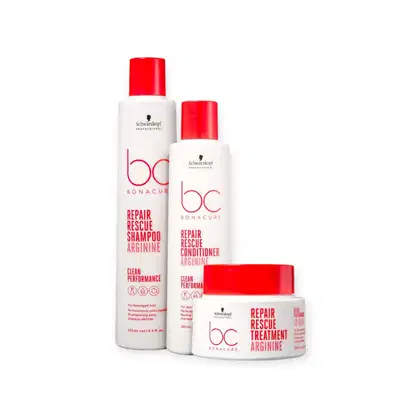 Três produtos da linha Bonacure da Schwarzkopf Professional: shampoo, condicionador e tratamento reparador para cabelos danificados, em embalagens brancas e vermelhas com o logotipo da marca.