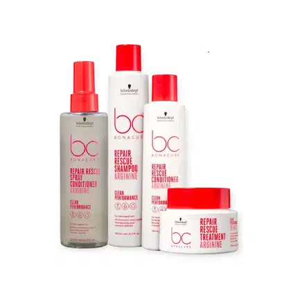 Produtos da linha Bonacure da Schwarzkopf Professional, incluindo spray condicionador, shampoo e tratamento para cabelos danificados, em embalagens com predominância de cores branca e vermelha.