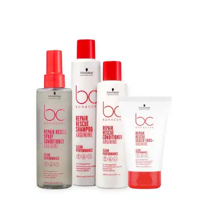 Produtos da linha Bonacure da Schwarzkopf Professional, incluindo spray condicionador, shampoo e condicionador de resgate com arginine, além de um tratamento para pontas danificadas, em embalagens brancas e vermelhas.